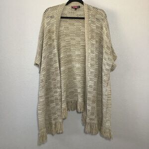 Tan Knitted Bohemian Oversized Neutral All Season Fringe Open Long Cardigan M‎
